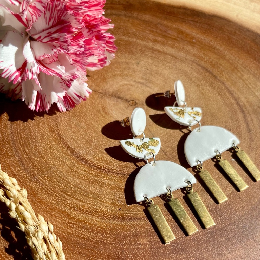 Gold and White Earrings with Tassels